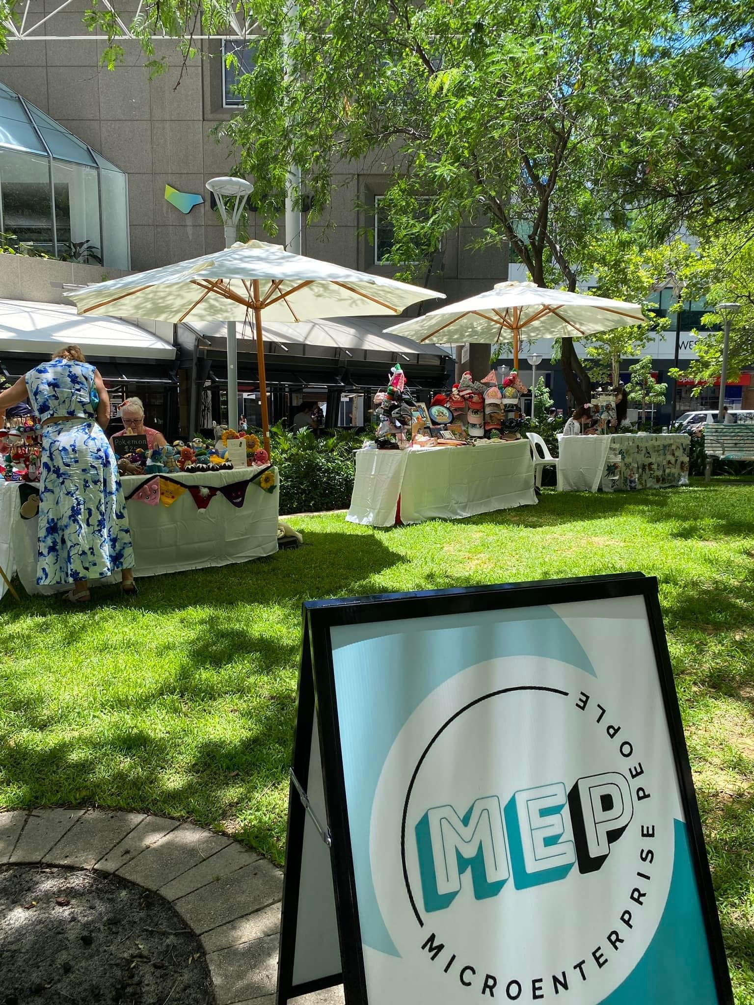 The MEP A-Frame in front of some market tables.